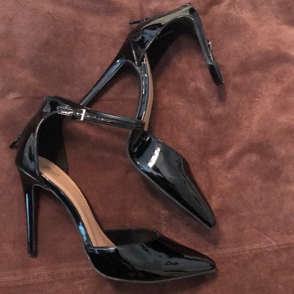 Black patent ankle strap heels